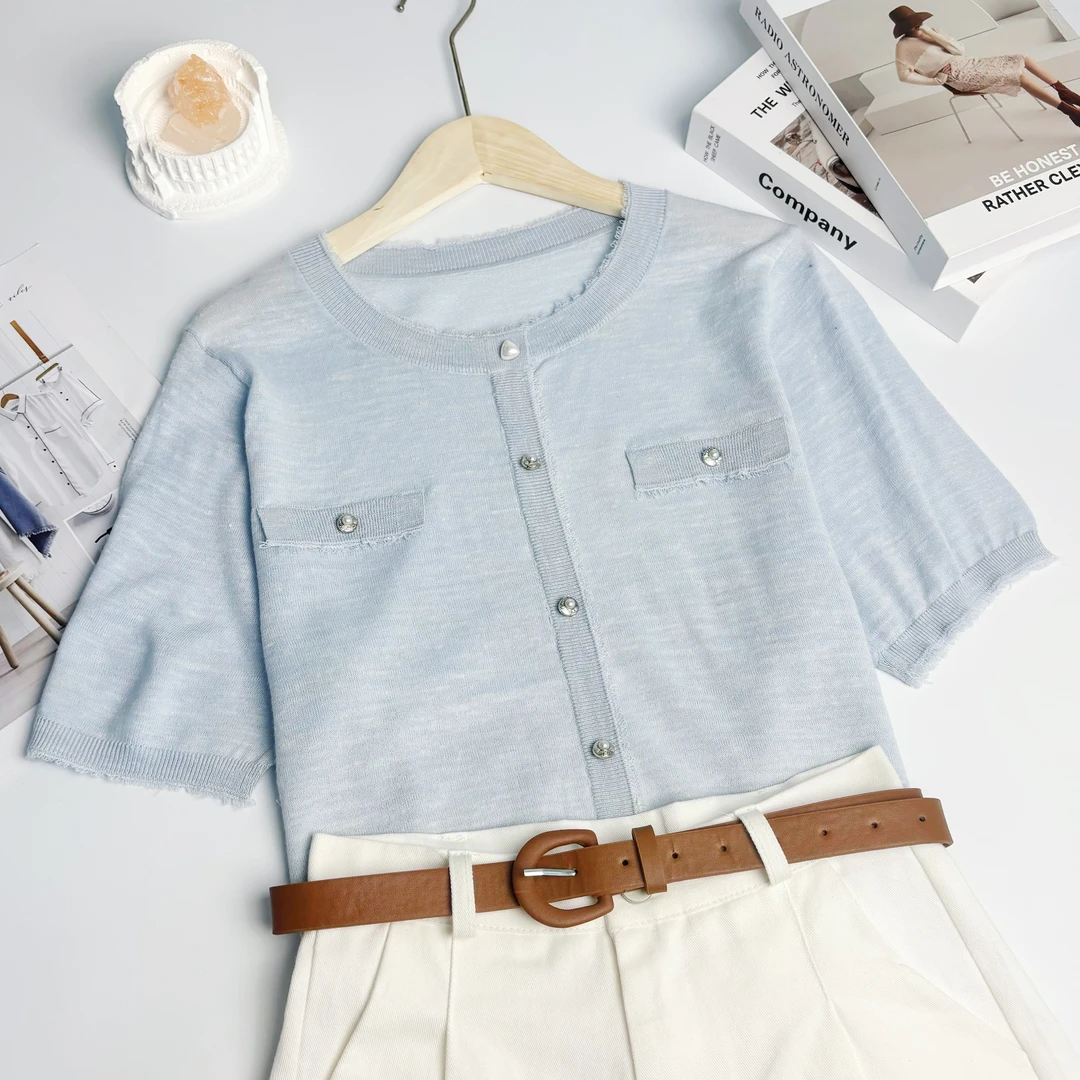 玲姐定制-毛边假口袋假开衫纯色套头薄微透针织短袖146221