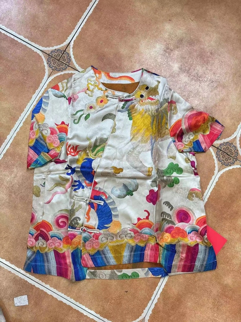 【一潮家】新中式国潮风设计师定制白麒麟气质款斜襟短袖 16923