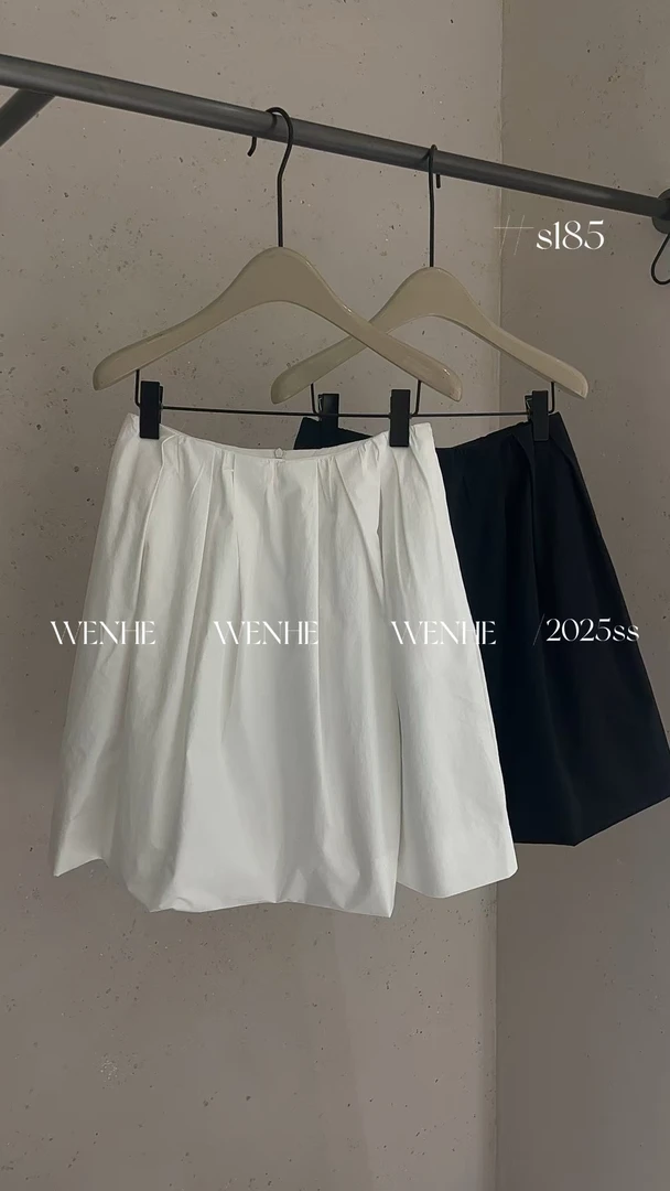 韩系休闲百搭显瘦松紧腰A字压褶花苞半身裙