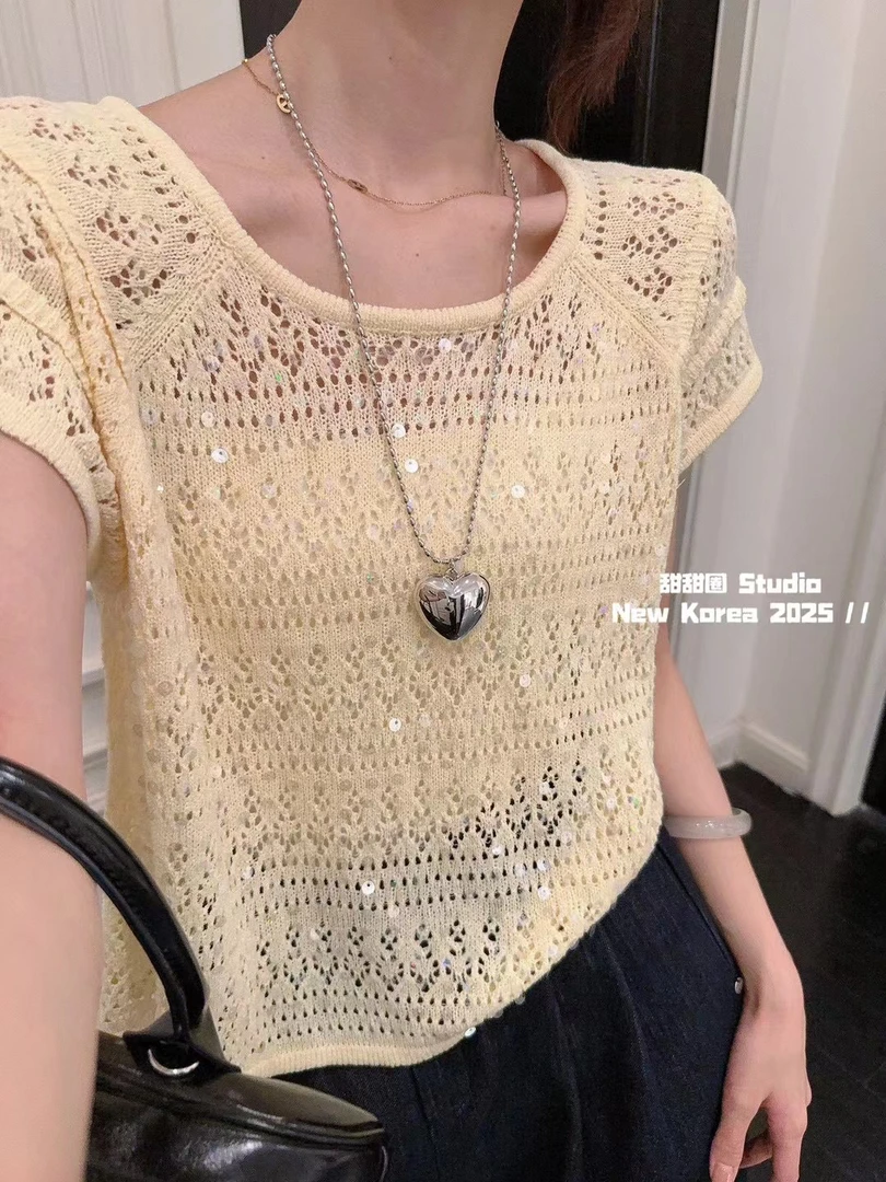 设计感飞飞袖2025镂空上衣韩版女亮片夏季圆领针织衫