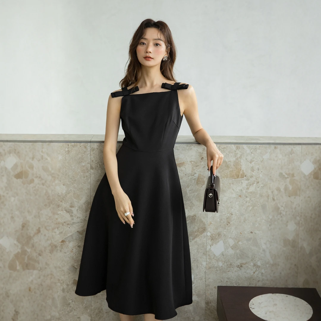 赫本甜美风小黑裙丨无袖收腰连衣裙小礼服黑色大摆裙子夏 2943
