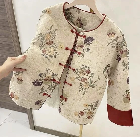 新中式国风女装织锦提花重工外套R撞色宽松圆领燕尾扣气质女上衣