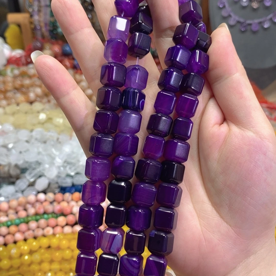 玛瑙/玉髓未镶嵌珠宝半成品紫玛瑙方糖一条卡11mm