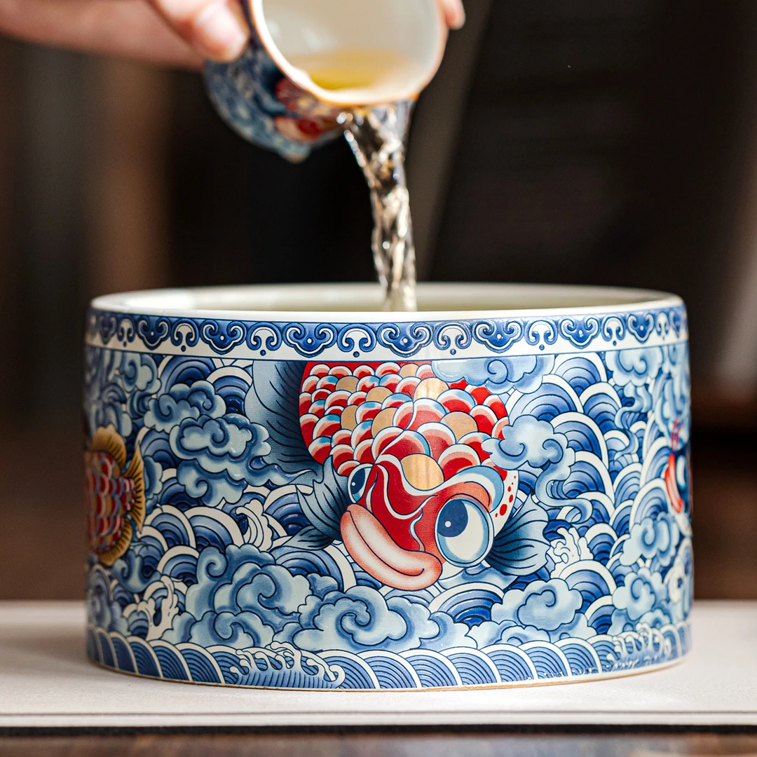 草木灰纳福龙鱼青花满彩大号茶洗家用陶瓷废水茶渣缸大容量纯手工