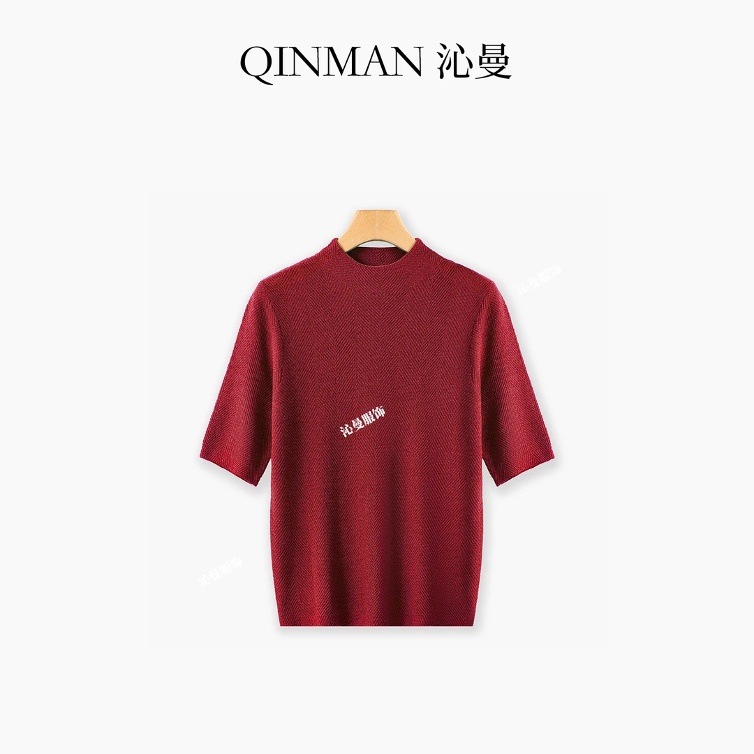 沁曼Q6022 100%精纺羊毛半高领中袖羊毛衫女秋季弹力显瘦打底衫