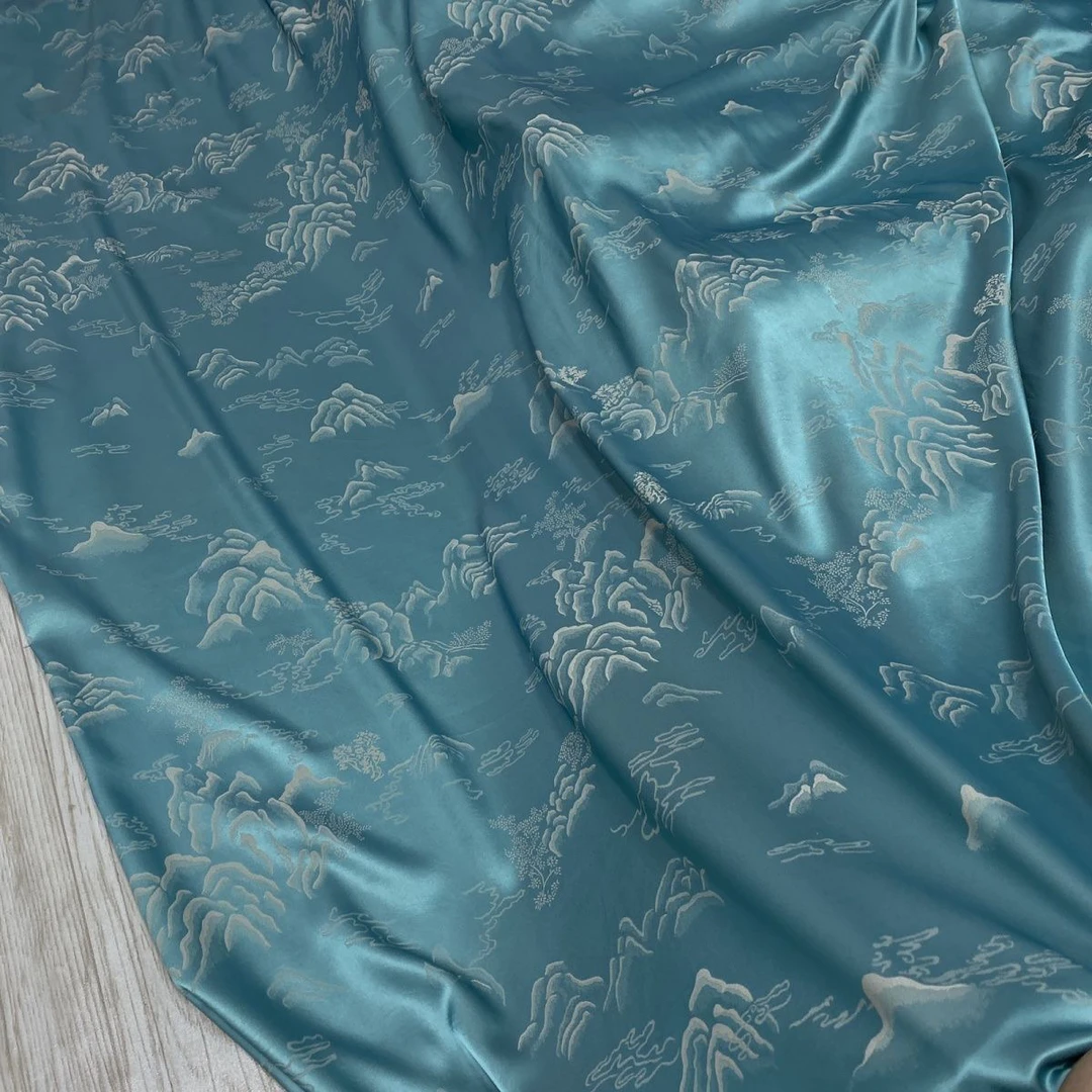 千里江山大王锻湖水蓝双面国风布料旗袍裙子吊带家居服套装面料