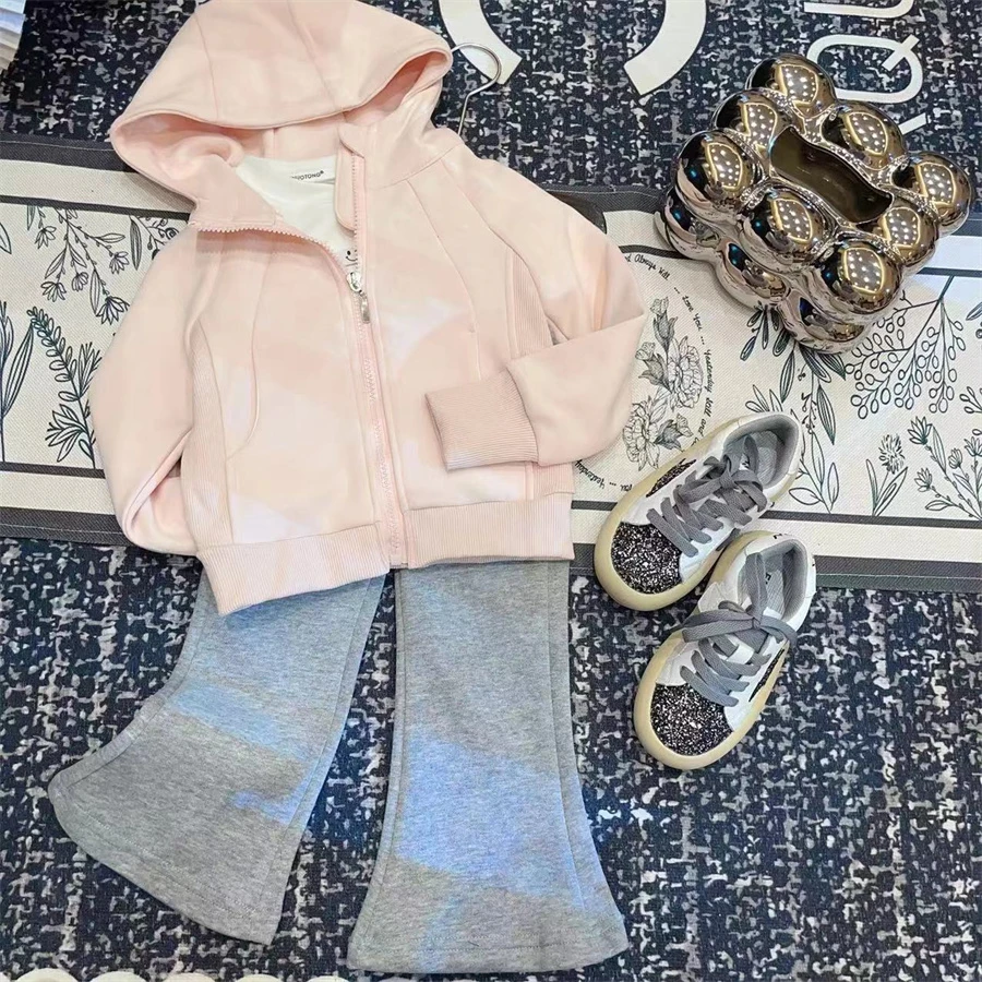 HHkids女童新款2024秋季高级感休闲慵懒百搭连帽开衫套装GTZ121