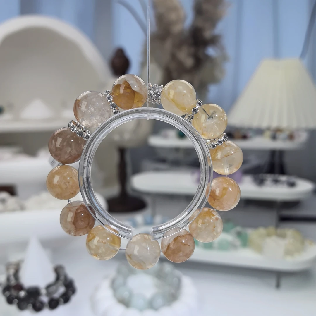 【富贵花黄胶花手串】天然水晶透闪黄胶花手串多样性发其一