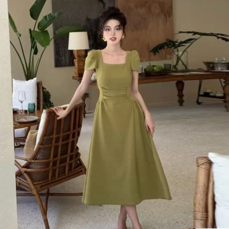 夏季绿色连衣裙女收腰气质高端正式场合方领法式长裙子6854