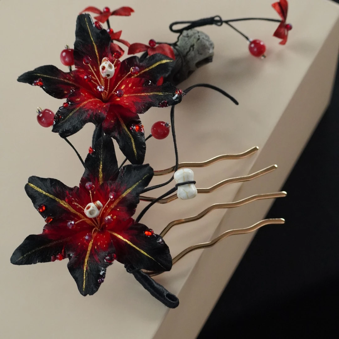 岁月花插梳非遗绒花南京外出插梳仙气绒花发饰旗袍发簪暗黑红系