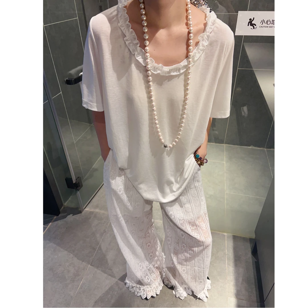 时尚简约宽松显瘦上衣女夏季新款木耳边圆领遮肉休闲百搭短袖T恤