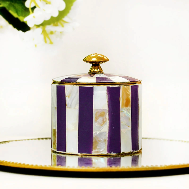 印度进口紫色条纹手工黄铜贝壳牛骨拼接首饰盒艺术收纳盒装饰摆件