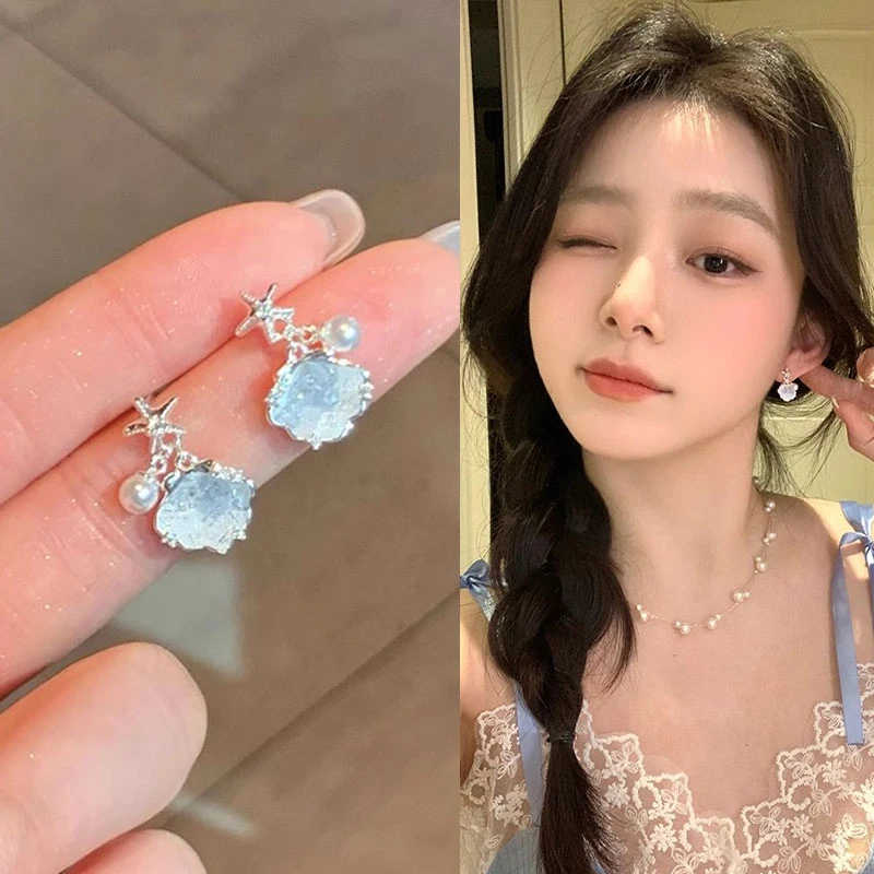 夏日碎冰蓝海星仿珍珠耳环女高级感气质925银针耳钉新款耳饰3606