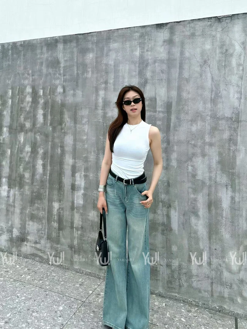 【YUEAI】复古薄荷.夏季复古美式中高腰微喇牛仔裤垂感拖地裤阔腿裤