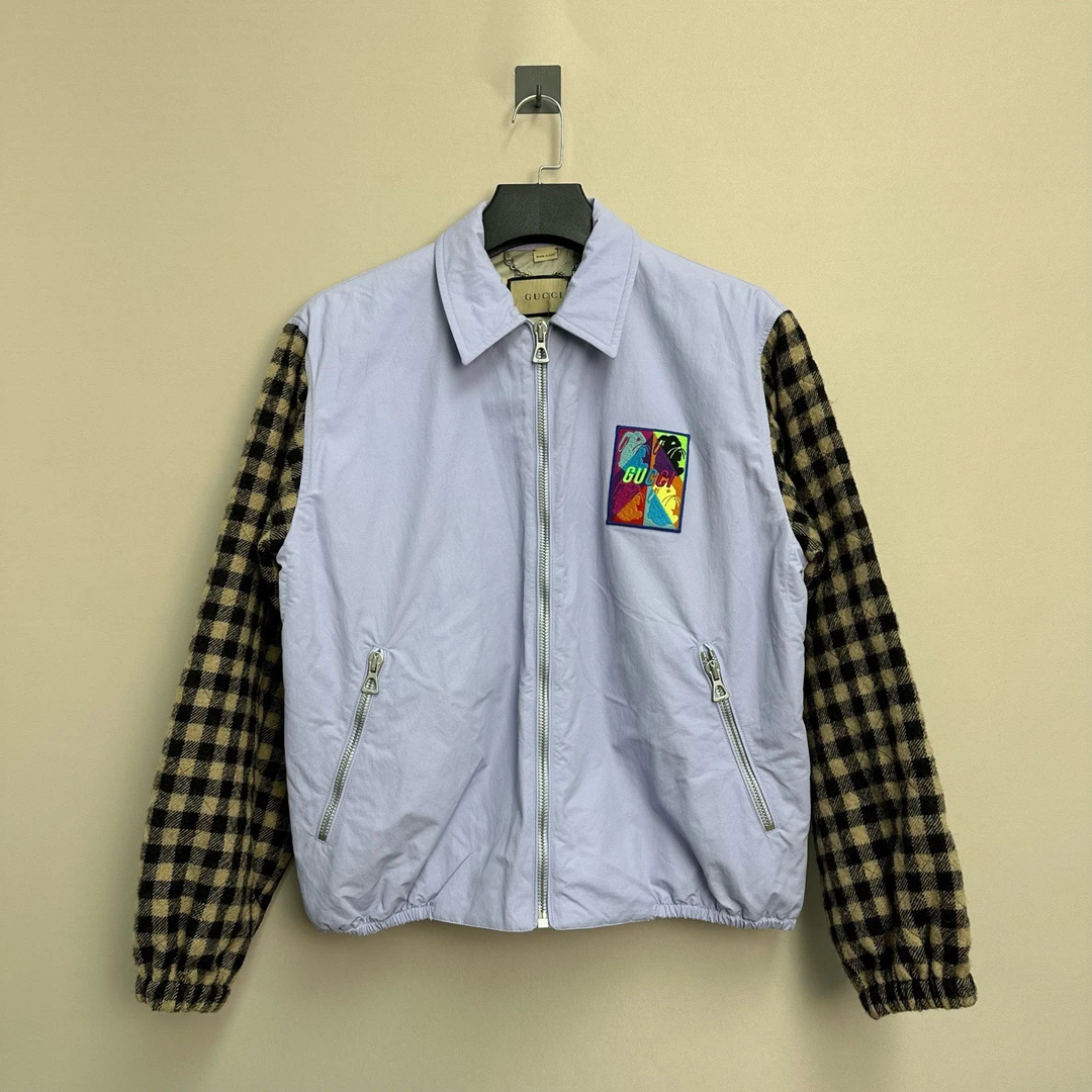 99新 GUCCI/古驰 新款格纹翻领拼接棉服夹克/44码/价17000