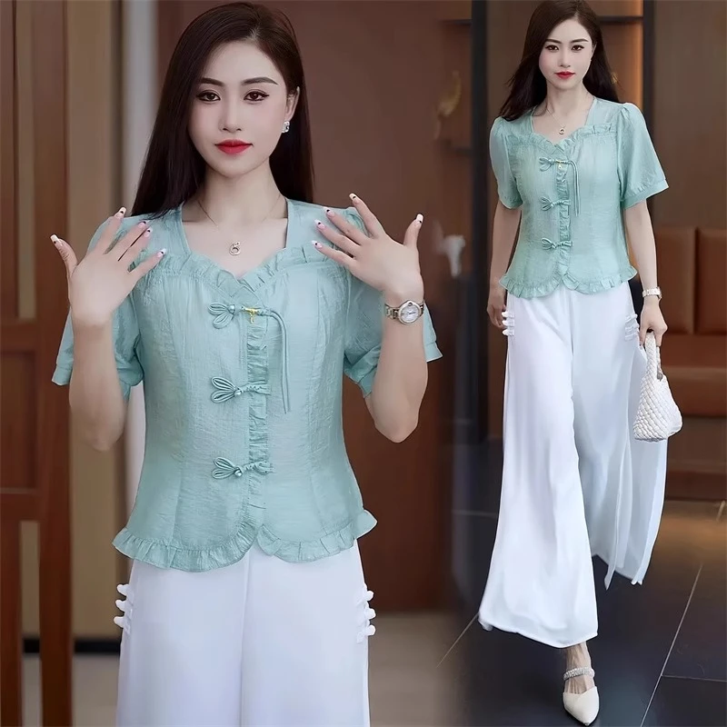 拉夏贝尔小个子国风盘扣雪纺衫女小衫2025夏季新款短袖洋气质上衣