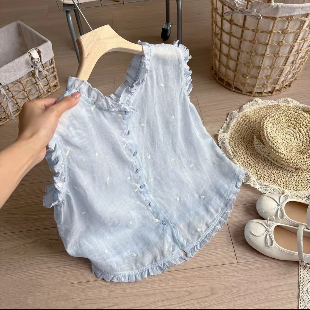 木耳边文艺单排扣背心小衫女2025新款夏季洋气时尚气质显瘦小衫