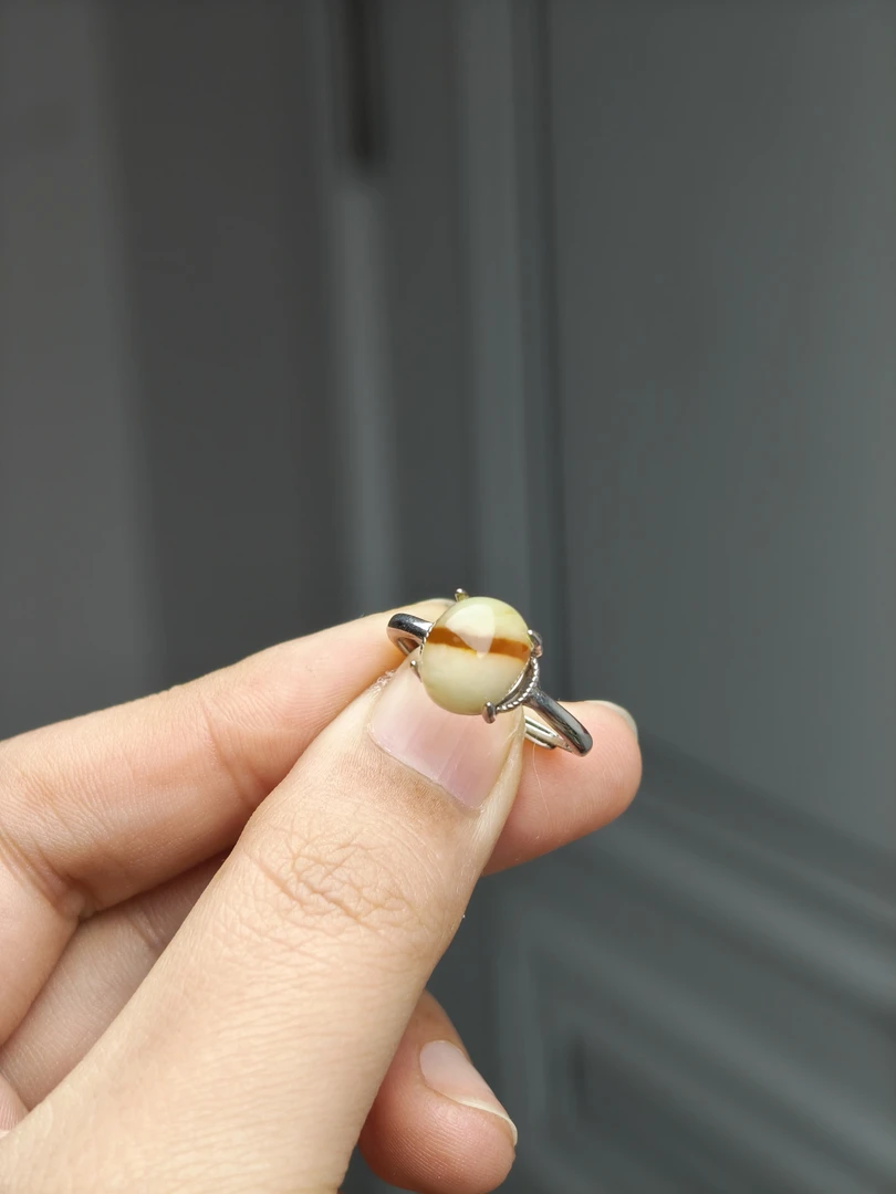 岫玉血管蛋面925银戒指