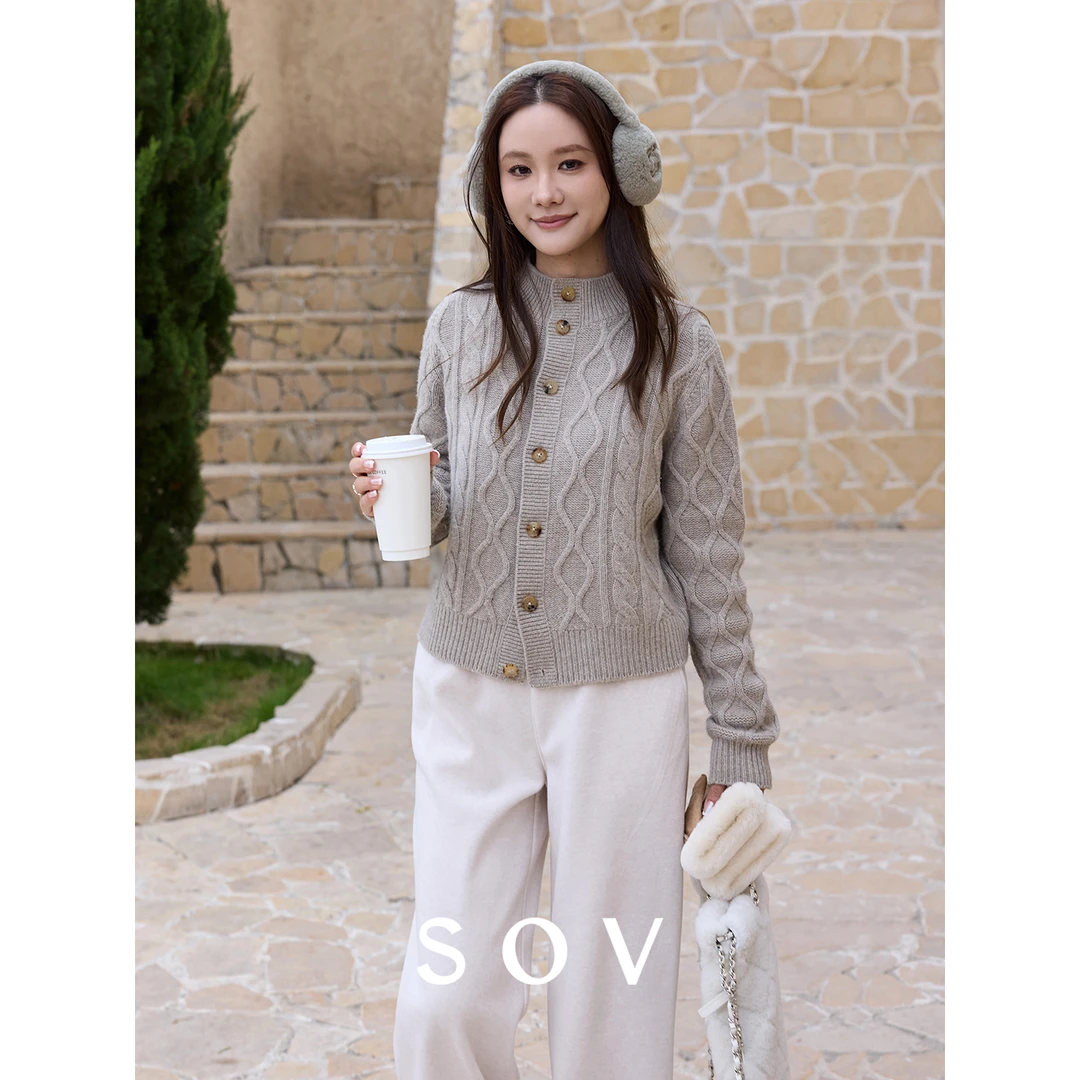 SOV"LP开衫" 进口岛精机织 高端山羊绒羊毛 重工阿兰花肌理感开衫