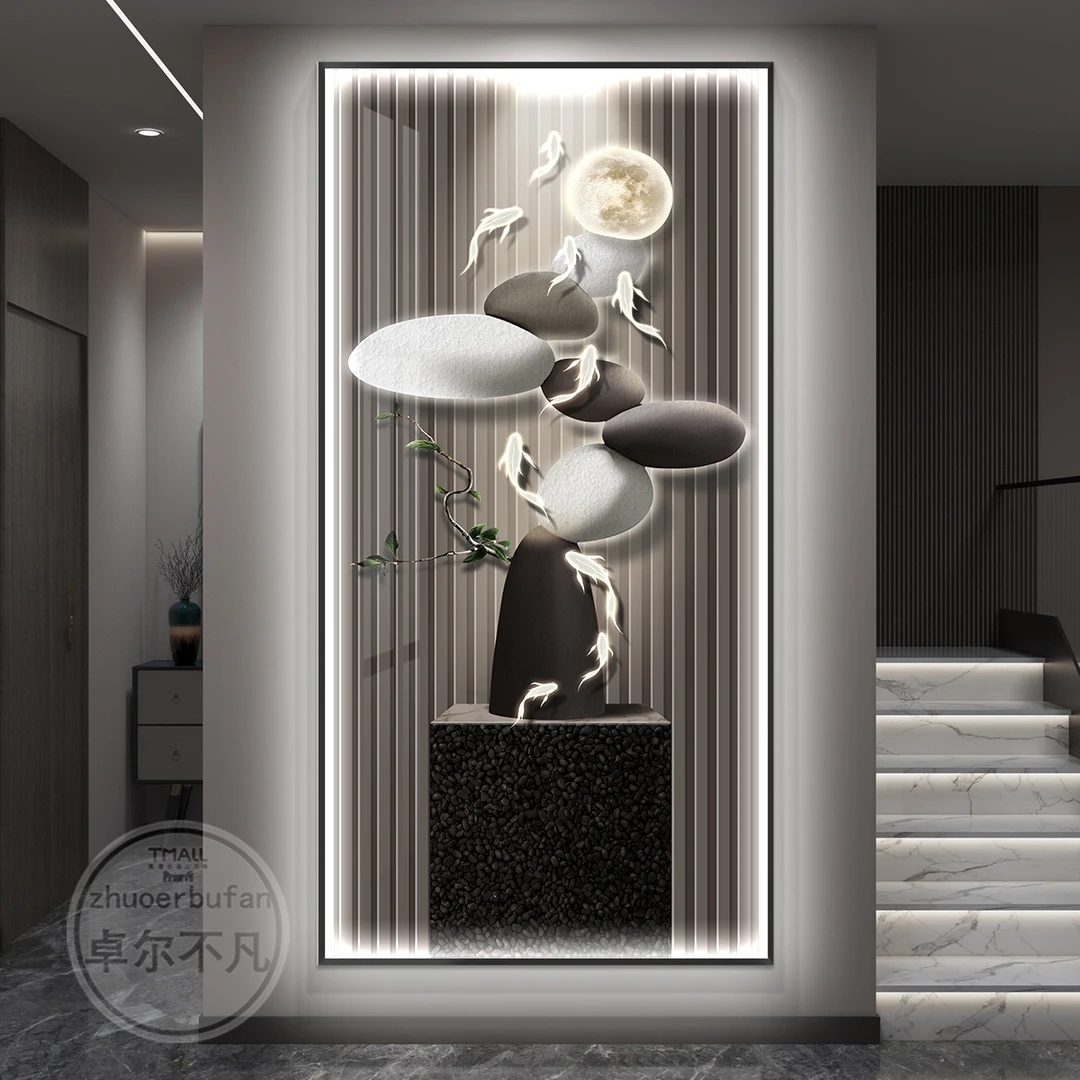 石来运转玄关装饰画现代轻奢寓意好挂画高级感入户正对门墙壁灯画