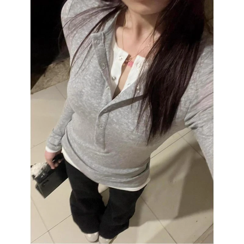 灰色纯欲假两件长袖t恤打底衫女内搭2025新款春秋休闲修身上衣服