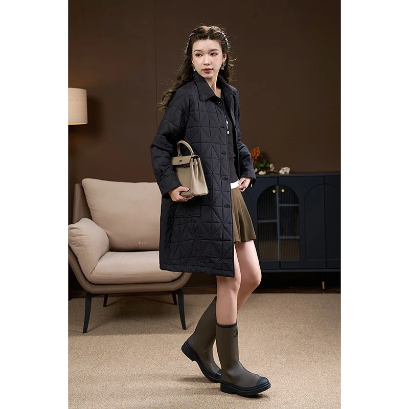 TOUCH MISS休闲菱格连帽棉服女2025年冬季新款中长款加厚保暖外套