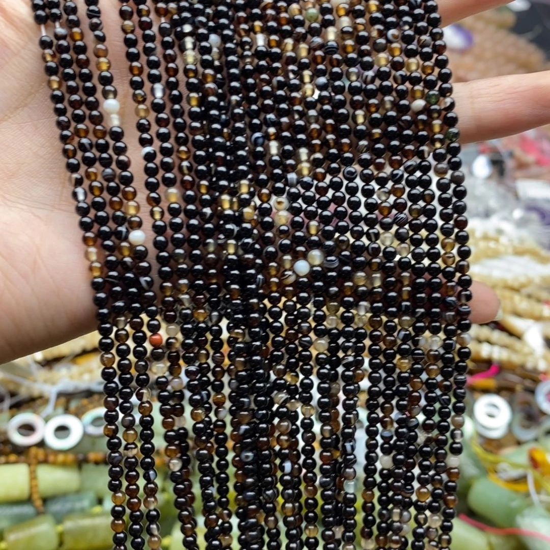 未镶嵌玛瑙/玉髓珠宝半成品一条纯天然黑玛瑙圆珠3mm