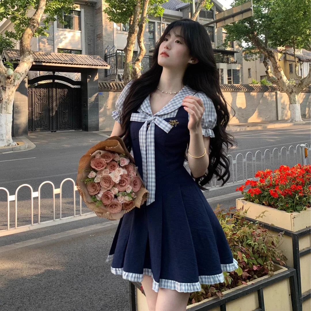苍蓝篇章 学院风甜美娃娃领假两件格纹撞色百褶连衣裙小个子夏季