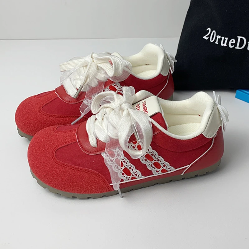 红色珍珠蝴蝶结德训鞋女2025春夏甜美小众休闲双系带2705低帮板鞋