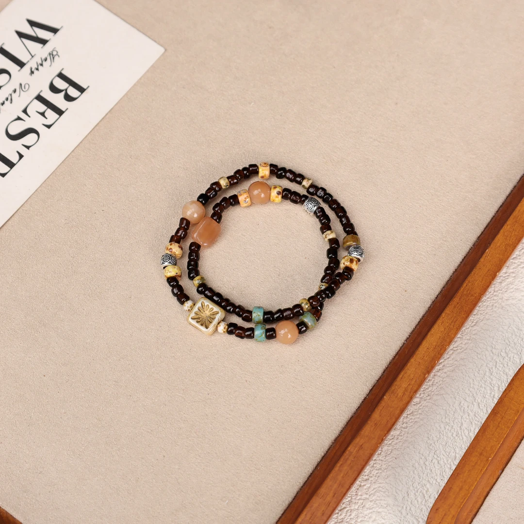 琉璃手链 LZ4769-1胡桃色方块黄色雕刻方块黑色小米珠双层手链