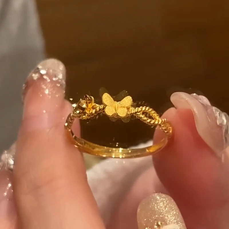 海上罗孚黄金蝴蝶小花戒指女999足金时尚开口戒子指环生日送女友