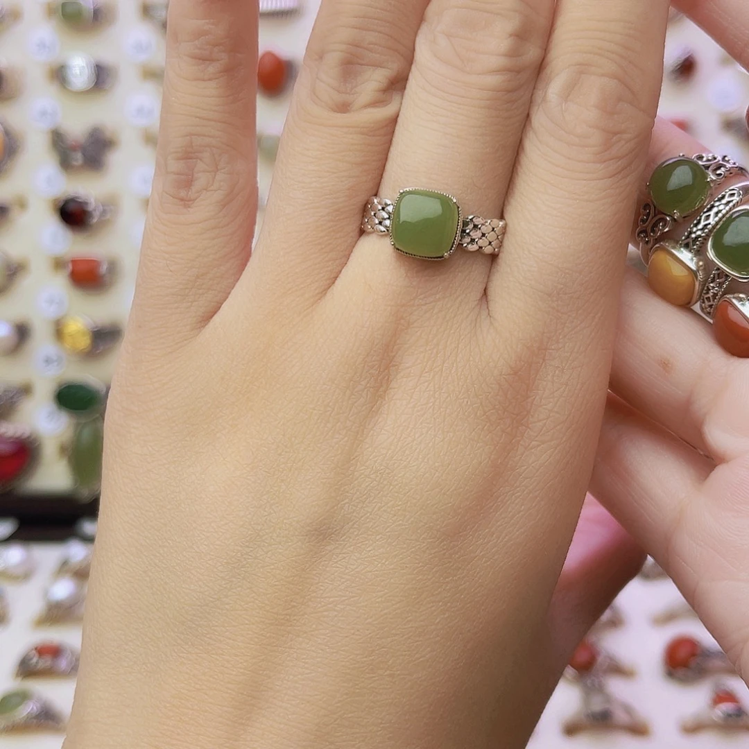 和田玉（糖玉）银S925镶嵌戒指