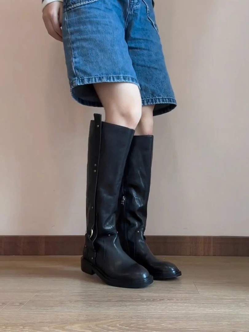 牛皮版~高筒骑士靴金属扣黑色不过膝长靴显瘦复古粗跟西部牛仔靴