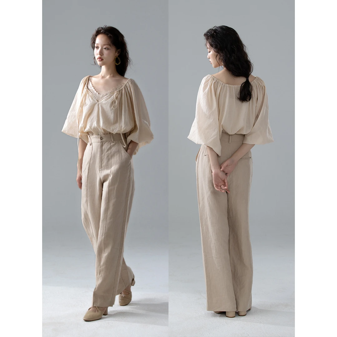 100支苎麻棉复古刺绣度假宽松上衣设计感女小衫春夏/直筒长裤