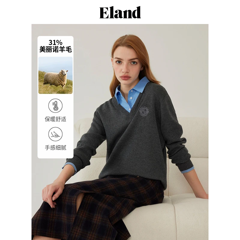 【冰岛日记】Eland衣恋舒适保暖女士V领针织长袖上衣百搭EEKWF11T91