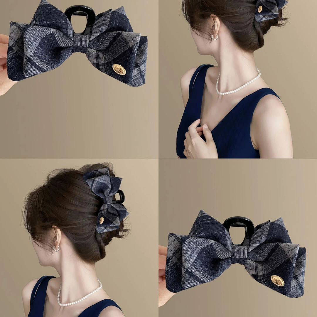 好夹子!韩国格纹蝴蝶结抓夹女2025新款后脑勺盘发鲨鱼夹旅行发卡