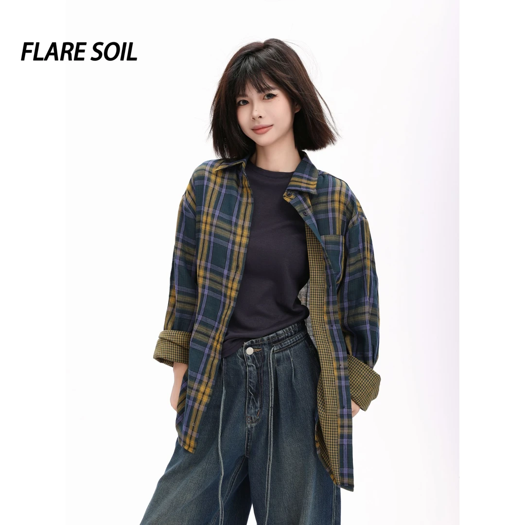 【FLARE SOIL】（现货）印染春款格子衬衫格纹秋季慵懒风长袖 T4421A