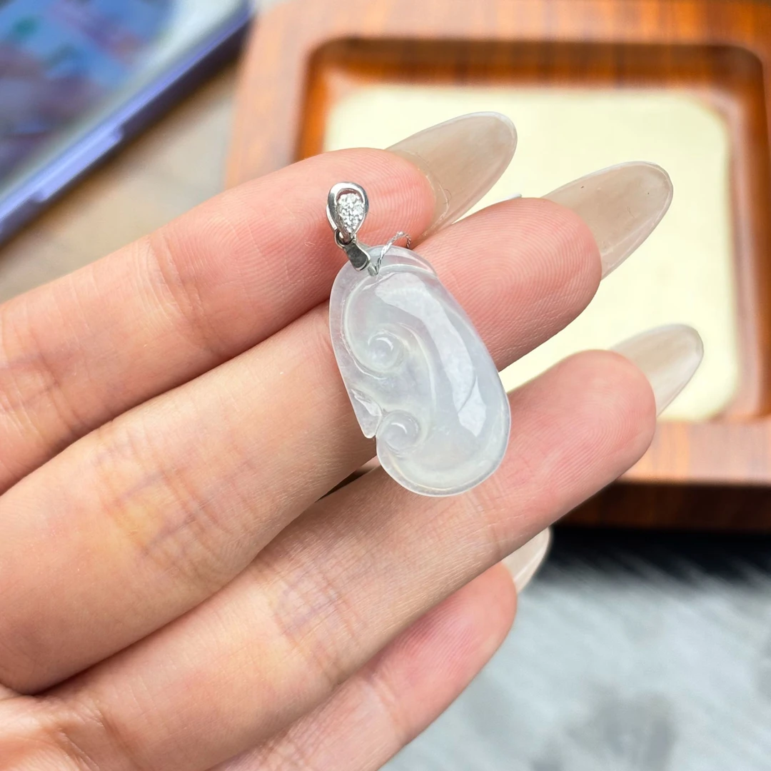 天然缅甸A货翡翠S925镶嵌白冰如意