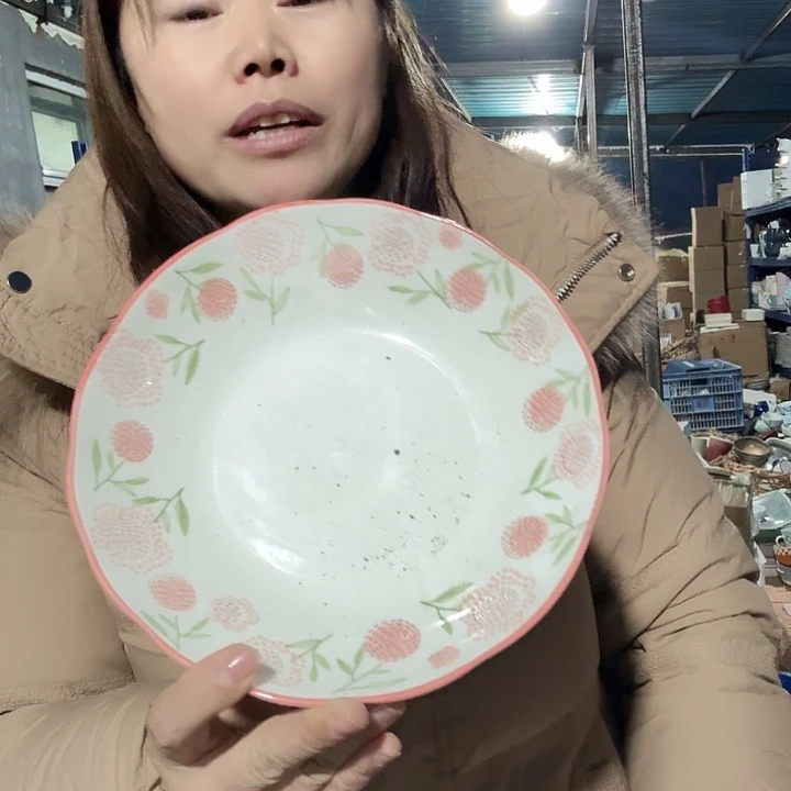 21厘米红花手绘汤盘两个