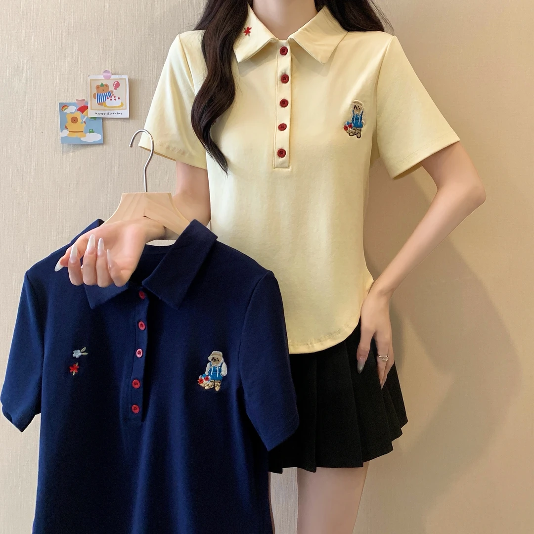 2025年夏季新款大码女装小熊刺绣Polo领短袖T恤 3316