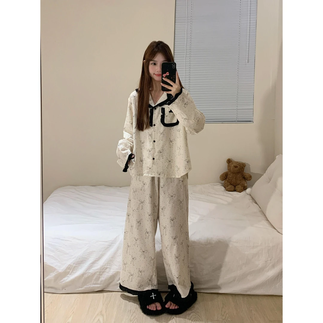 韩系甜美高级感睡衣女春秋新款蝴蝶结印花长袖开衫长裤家居服套装