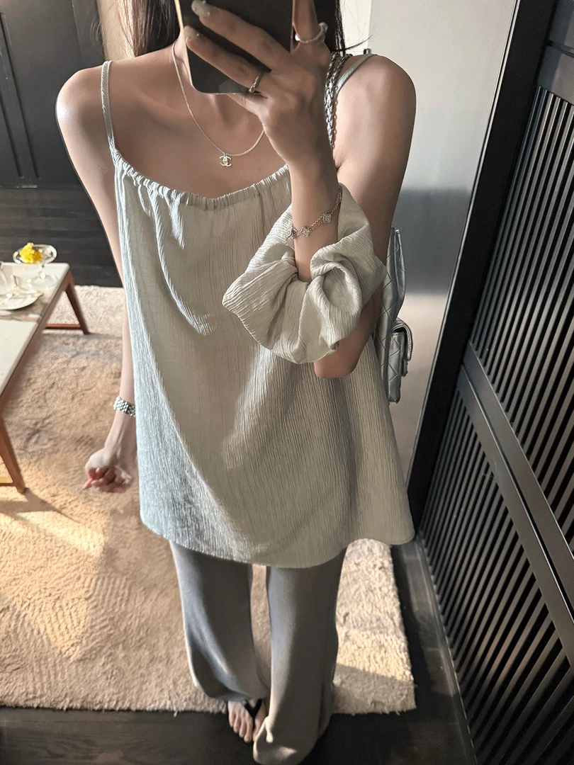 慵懒风天丝羊毛无袖宽松中长款吊带夏季宽松型短款通勤纯色背心