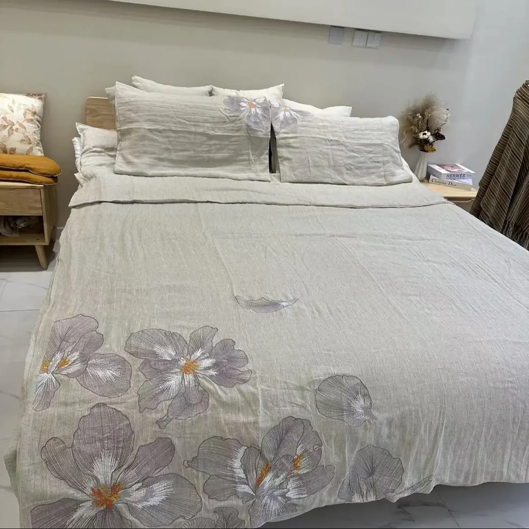 【弄花影】100%汉麻雨露麻重工刺绣四件套（7.2斤）