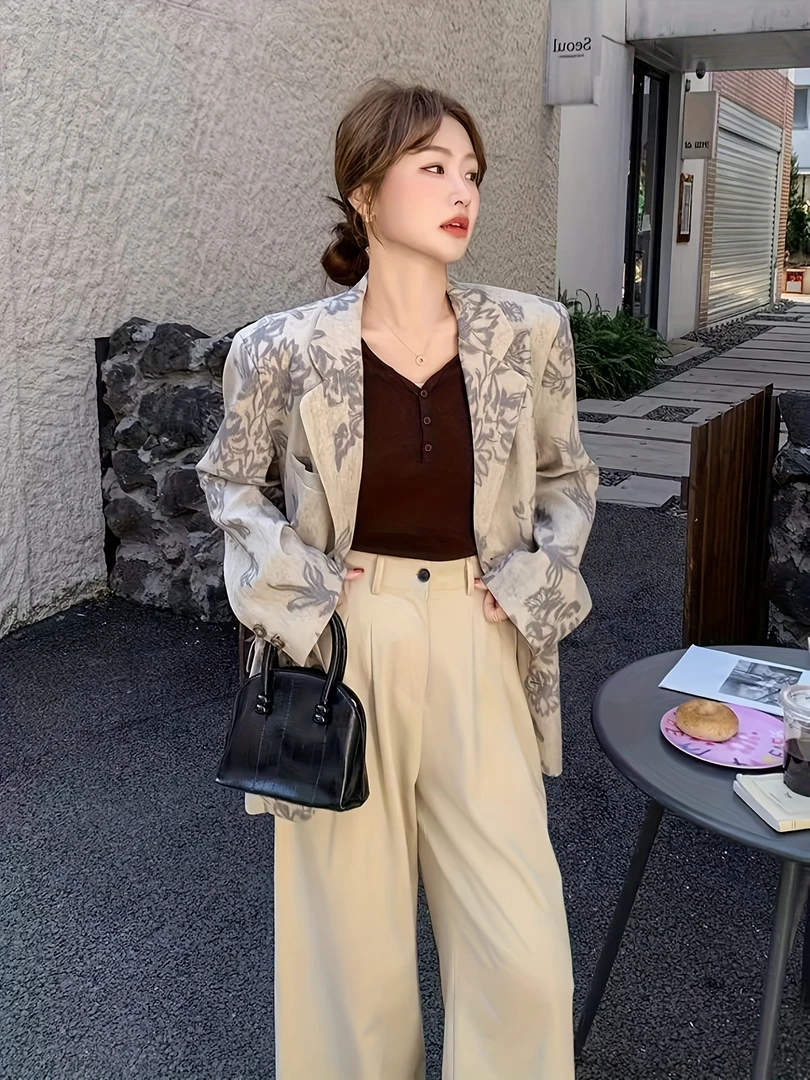 198001#韩系设计感印花西服外套女2025春季新款宽松显瘦西装上衣