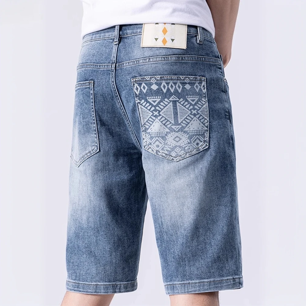 荷波撒纳温男士高端牛仔短裤夏季薄款五分裤中裤潮流直筒宽松印花