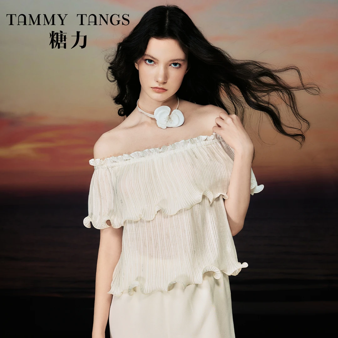 【老板娘夏天】糖力夏季新款一字肩雪纺衫女波浪木耳边褶皱上衣