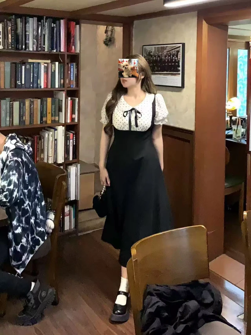 大码学院风娃娃领法式甜美短袖收腰连衣裙夏季新款99982