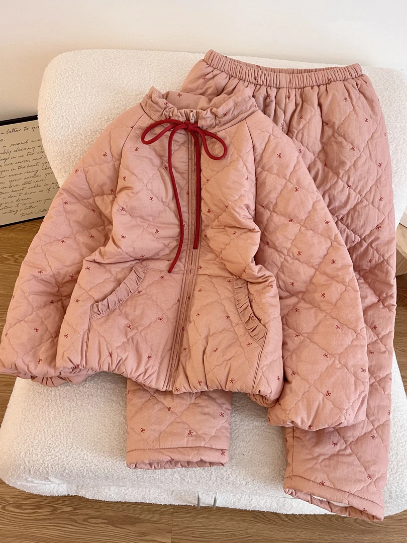 【DMXJ大梦想家】气质蝴蝶结三层夹棉加绒睡衣女冬款保暖家居服套装