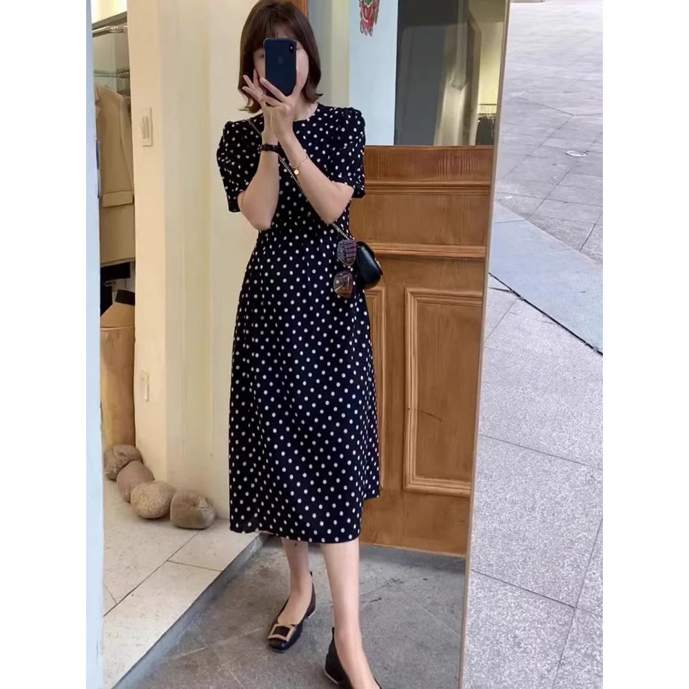 2025春夏新款波点连衣裙女法式高级感收腰显瘦赫本小黑裙中长款
