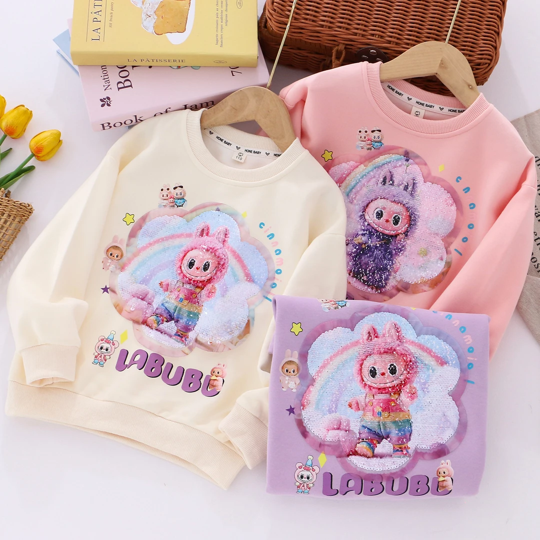 女童春秋新款变色亮片纯棉卫衣圆领套头衫上衣女孩子卡通彩虹衣服